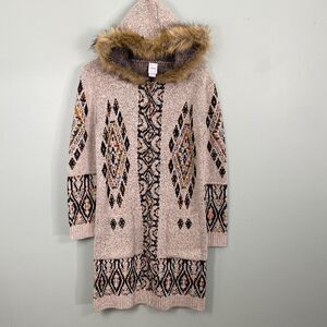 Northern Angel Cardigan Sweater Aztec Hooded Fur Trim Duster Womens Small Tan